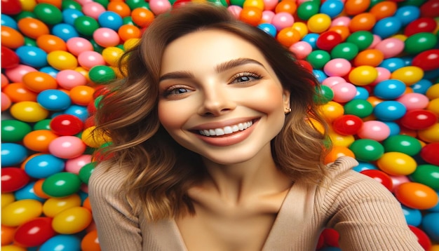 Mujer alegre rodeada de bolas de colores