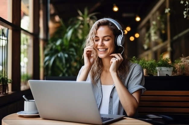 Mujer alegre y satisfecha aprendiendo felizmente Ai