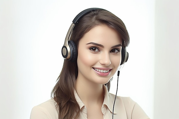 mujer alegre servicio call center agente con cabeza conjunto imagen sonriente