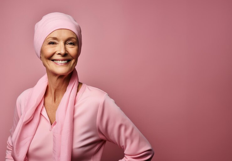 Mujer alegre sobreviviente de cáncer de mama sobre un fondo rosa con espacio para copiar IA generativa