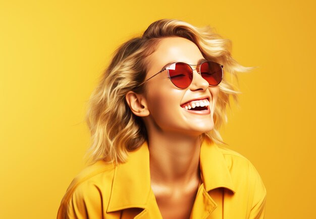 Foto mujer alegre con sombrero amarillo y suéter