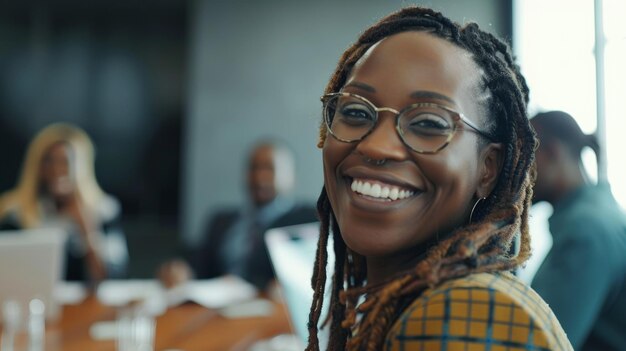 Mujer alegre con una sonrisa radiante que encarna la positividad y la confianza en un entorno profesional