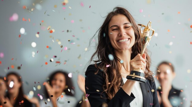 Mujer alegre sosteniendo un trofeo con confeti cayendo a su alrededor