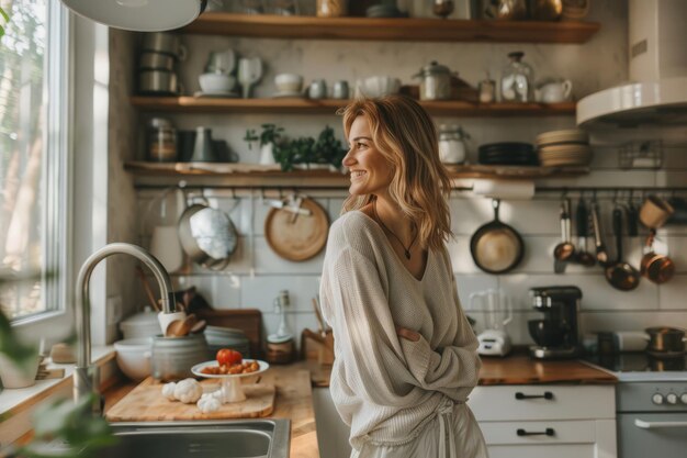 Mujer alegre en su cocina