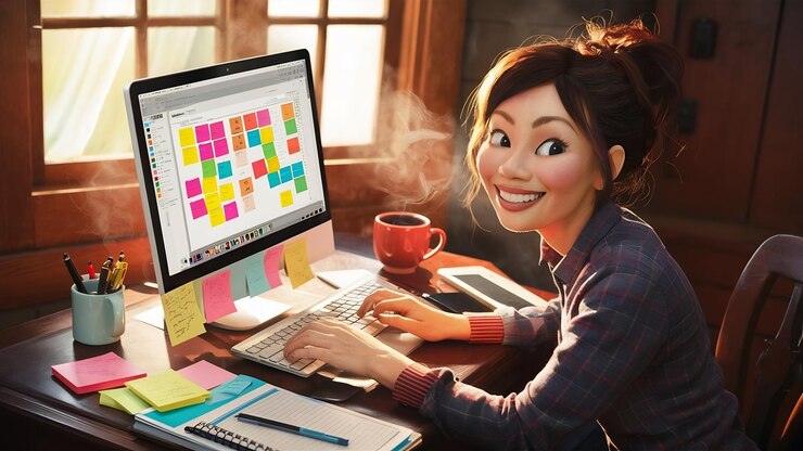 Foto mujer alegre usando una computadora portátil