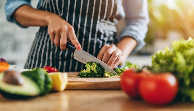 mujer alegremente prepara una comida nutritiva en una cocina brillante que encarna la salud y el bienestar con fr