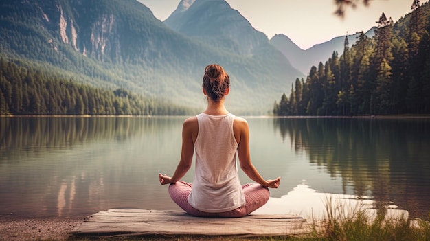 Una mujer con una alfombra de yoga relajándose desde el parque hasta las montañas generadas por la IA