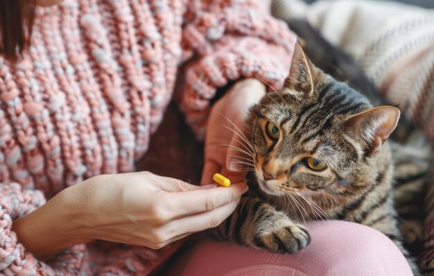 Mujer alimenta a su gato con una pastilla Mujer da una pastilla a un gato
