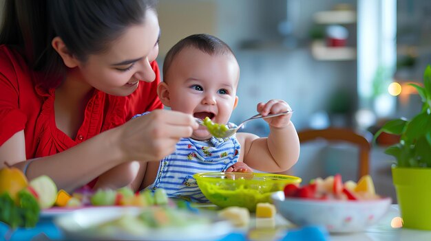 Mujer alimentando a su bebé en la mesa con frutas y ensalada