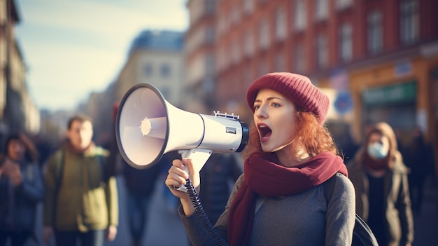 Una mujer con un altavoz agitando a un grupo de manifestantes en una revuelta cívica