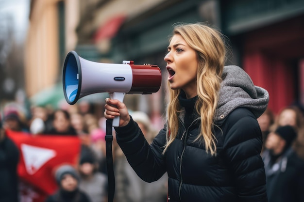 Una mujer con un altavoz habla a la multitud