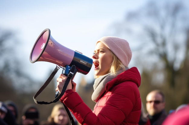 Una mujer con un altavoz habla a la multitud