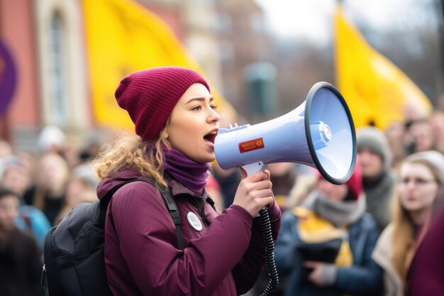 Foto una mujer con un altavoz habla a la multitud