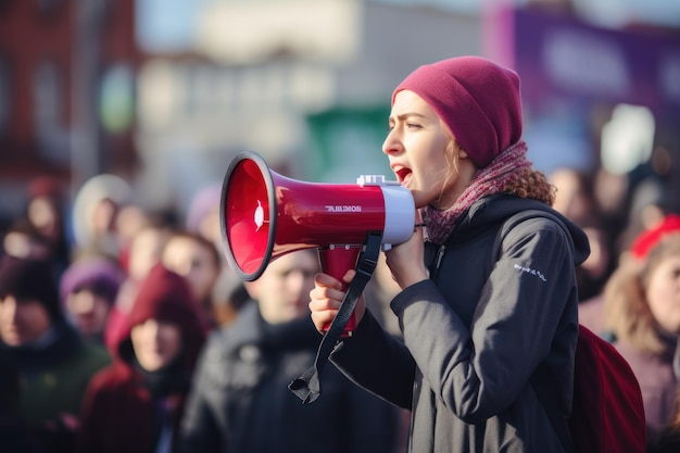 Foto una mujer con un altavoz habla a la multitud