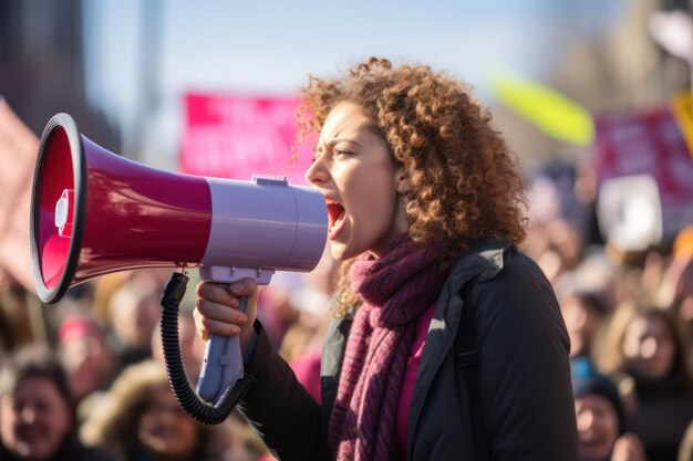 Una mujer con un altavoz habla a la multitud