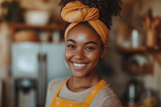 Mujer ama de casa afroamericana positiva con un lazo naranja en el cabello haciendo tareas domésticas y limpieza