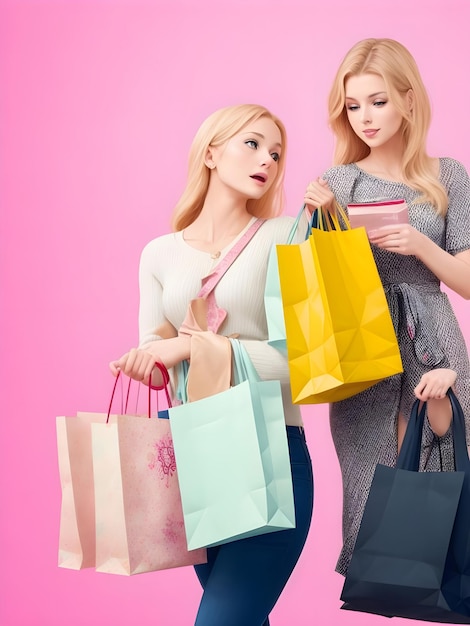 Mujer amable sosteniendo bolsas de compras sobre fondo colorido Compras el viernes negro AI Generar