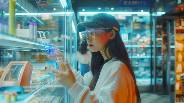 Mujer de amarillo usando gafas de realidad virtual para interactuar con la exhibición de productos en una tienda de cosméticos