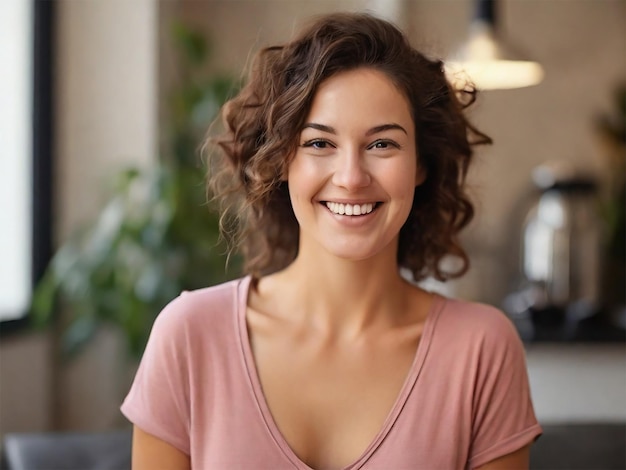 Una mujer amistosa y sonriente que parece satisfecha en el frente