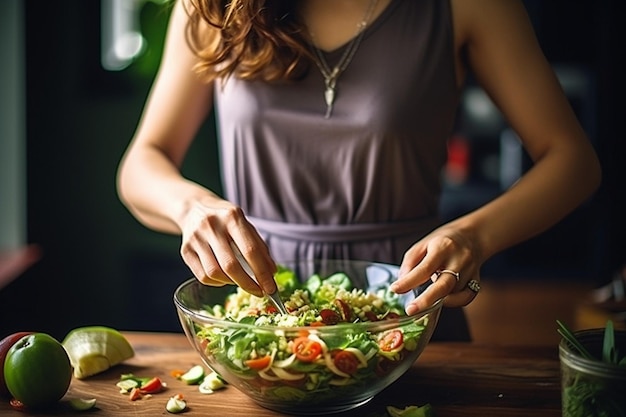 Una mujer añade nueces a la ensalada para hacerla más crujiente