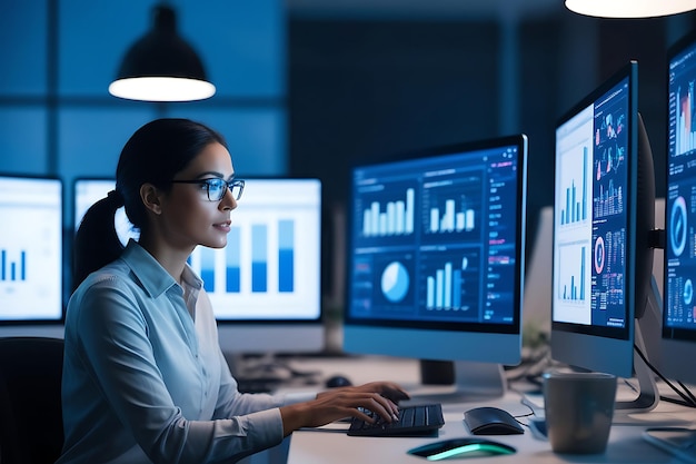 Una mujer análisis de datos con múltiples computadoras en múltiples pantallas análisis de datos oficina moderna fondo de alta tecnología