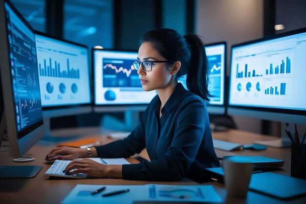 Una mujer análisis de datos con múltiples computadoras en múltiples pantallas análisis de datos oficina moderna fondo de alta tecnología