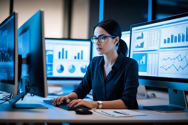 Una mujer análisis de datos con múltiples computadoras en múltiples pantallas análisis de datos oficina moderna fondo de alta tecnología
