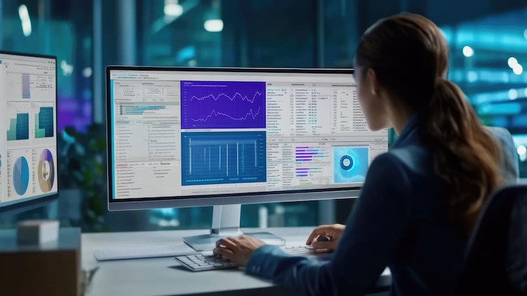 Foto mujer analizando datos comerciales en computadora para obtener información de marketing