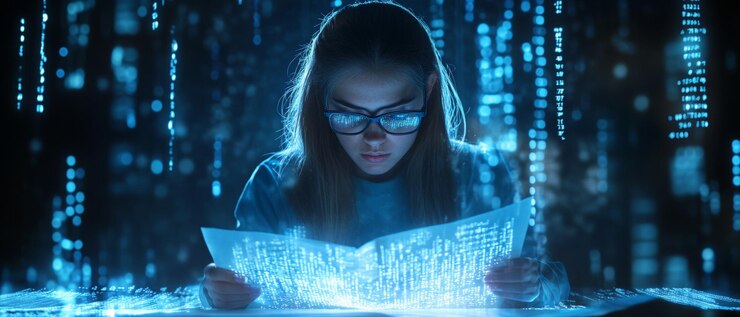 Foto mujer analizando datos digitales en un entorno futurista de alta tecnología