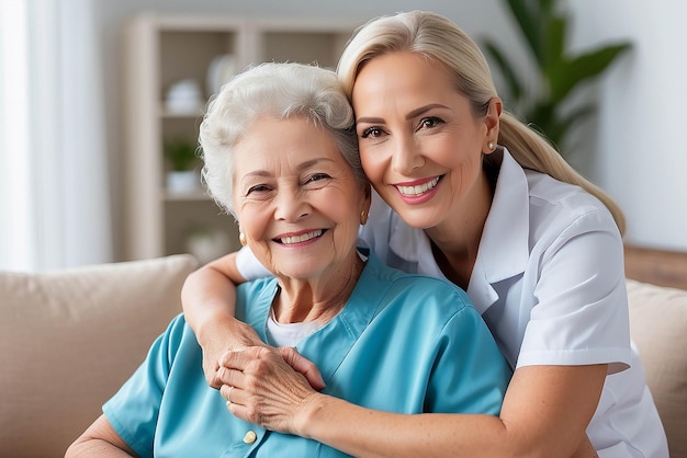 Mujer anciana abrazada o cuidadora médica en la sala de estar de la casa en comodidad confianza apoyo o vínculo de seguridad Sonríe feliz o riendo hogar de ancianos jubilación ancianos y atención médica enfermera brasileña o ayuda