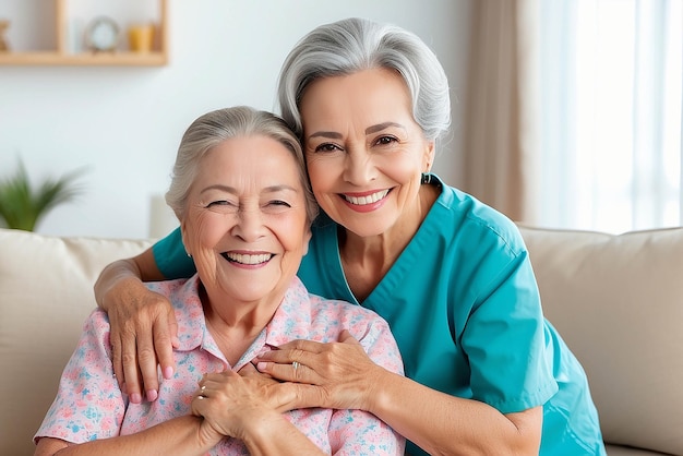 Mujer anciana abrazada o cuidadora médica en la sala de estar de la casa en comodidad confianza apoyo o vínculo de seguridad Sonríe feliz o riendo hogar de ancianos jubilación ancianos y atención médica enfermera brasileña o ayuda