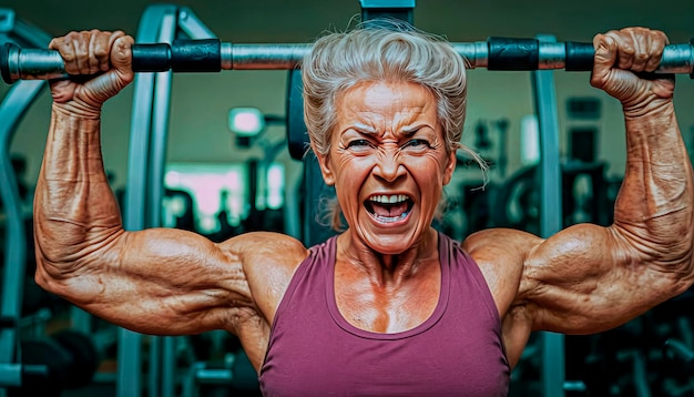 Mujer anciana activa y feliz haciendo deportes en el gimnasio