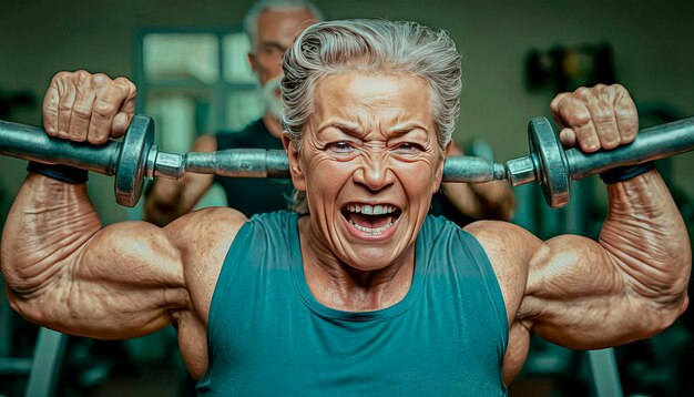 Mujer anciana activa y feliz haciendo deportes en el gimnasio