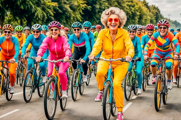 Mujer anciana activa y feliz participando en una carrera de bicicletas Abuela alegre monta una bicicleta