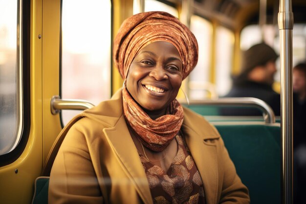 Mujer anciana africana sonriendo a la cámara dentro del tranvía