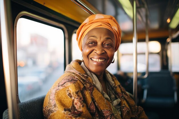 Mujer anciana africana sonriendo a la cámara dentro del tranvía
