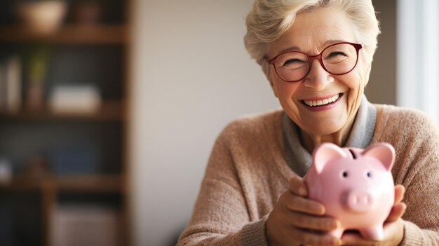 Mujer anciana alegre con una alcancía rosa que simboliza la seguridad financiera y la importancia de los ahorros, especialmente para la jubilación