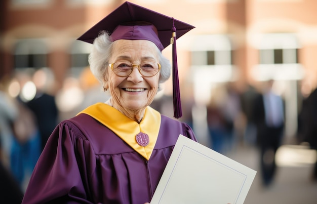 Mujer anciana alegre con gorra de graduación y vestido con diploma