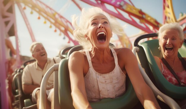 Foto mujer anciana alegre montando en un parque de atracciones