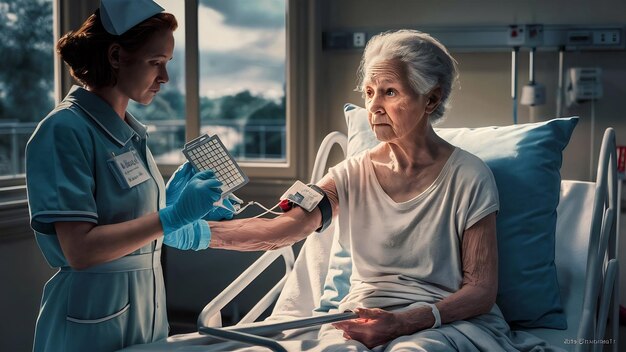 Foto mujer anciana con análisis de sangre en el hospital