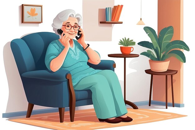 Foto mujer anciana anciana o abuela sentada en un acogedor sillón y hablando por teléfono retrato de la abuela en casa hombre de dibujos animados femenino sonriente aislado sobre fondo blanco