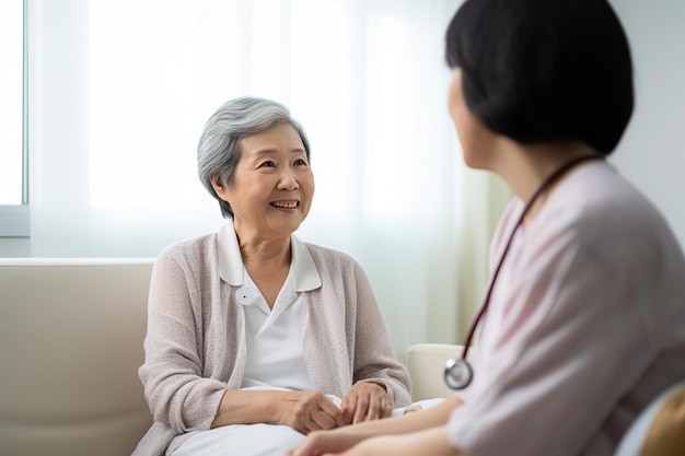 Foto mujer anciana asiática hablando con el médico sobre el tratamiento y dando esperanza mujer cuidadora en bata blanca apoyando alentando a la persona mayor concepto del día mundial del cáncer