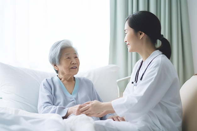 Mujer anciana asiática hablando con el médico sobre el tratamiento y dando esperanza Mujer cuidadora en bata blanca apoyando alentando a la persona mayor Concepto del Día Mundial del Cáncer