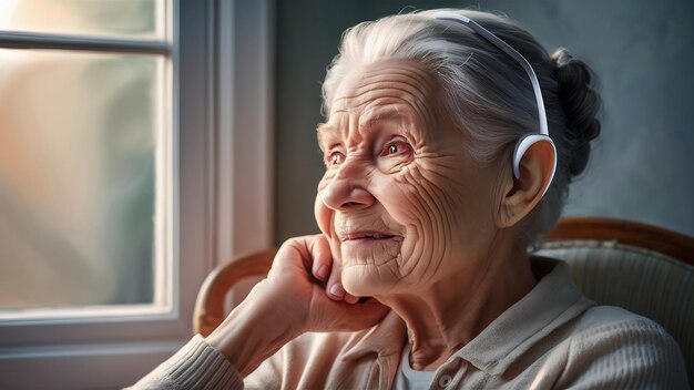 Foto mujer anciana con un audífono