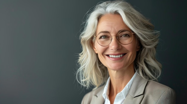 Mujer anciana blanca feliz con teléfono inteligente y portátil aspecto profesional