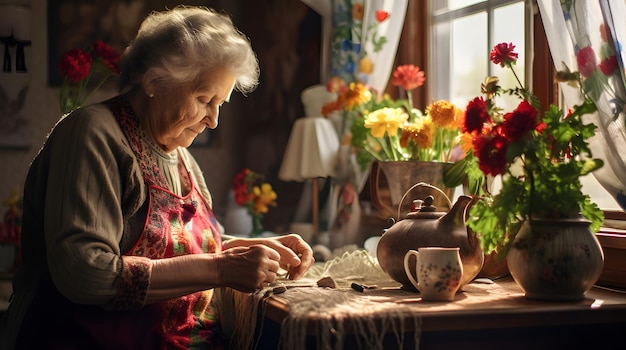 Foto mujer anciana bordando en una habitación con decoración vintage