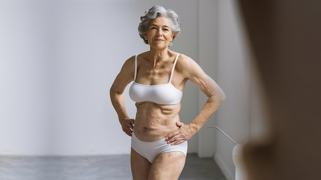 Foto mujer anciana con bragas blancas muestra celulitis y venas varicosas en un fondo ligero y aislado