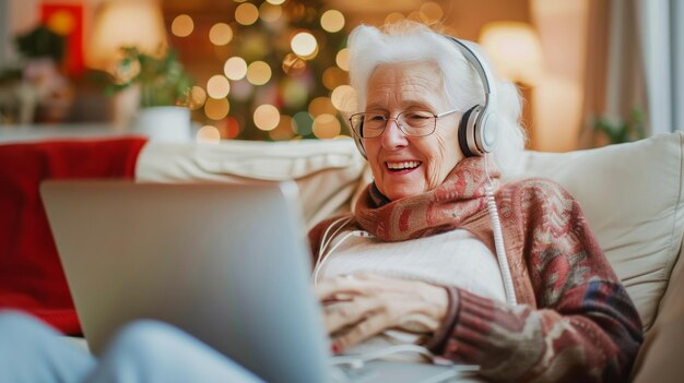 Mujer anciana de cabellos grises sonriendo y mirando la pantalla de la computadora portátil comunicándose a través de videoconferencia con sus seres queridos