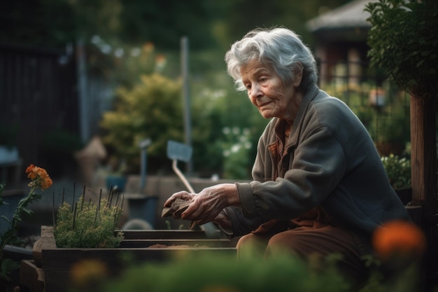 Mujer anciana caucásica jardinería en plantas de patio trasero IA generativa terrenal AIG23