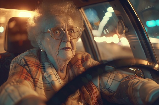 Foto mujer anciana conduciendo por la noche con una mirada de alarma y preocupación ai generativa